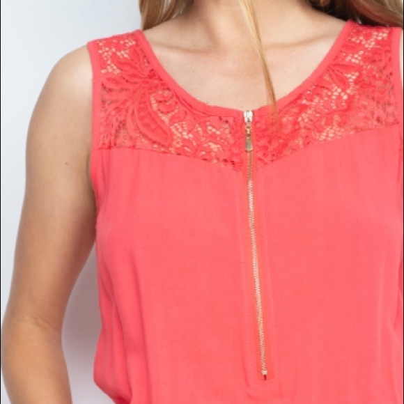 Coral Sleeveless scoop neck lace detail zip front gartered waist romper, NEW! - Picture 8 of 16